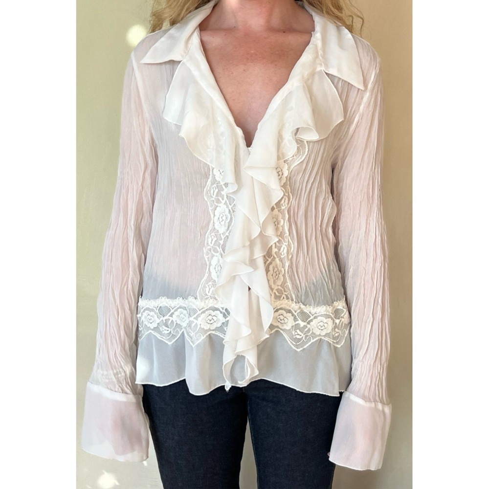 NWT ALLISON TAYLOR Y2K white crinkled silk blend fairy ruffle blouse lace